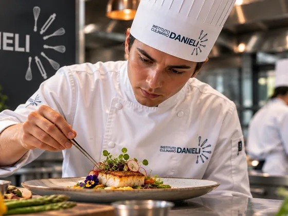 Alumno de Danieli terminando con pinzas el emplatado de un pescado en una cocina profesional