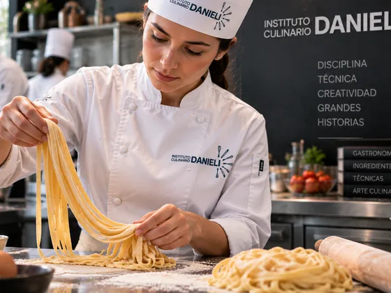 Alumna de Danieli levantando con las manos tiras de pasta fresca recién cortada sobre una mesa enharinada