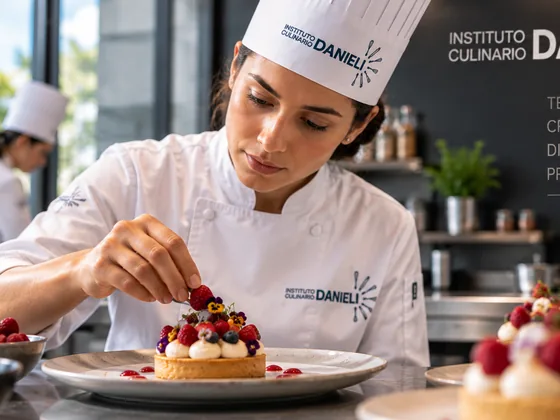 Alumna de Danieli colocando frutos rojos sobre una tarta durante una clase de repostería