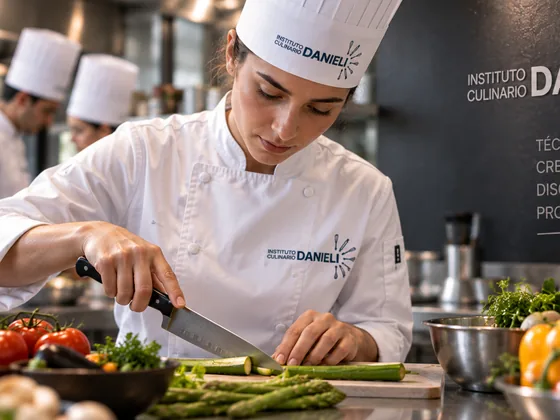 Alumna de Danieli cortando verduras con cuchillo sobre una tabla en una cocina profesional