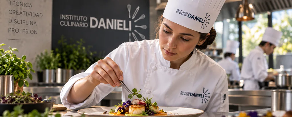 Alumna del Instituto Culinario Danieli terminando un plato en una cocina profesional