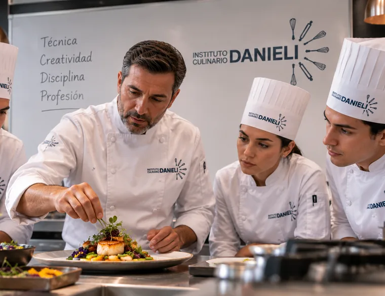 Chef del Instituto Culinario Danieli guiando una actividad culinaria frente a un grupo reducido de participantes