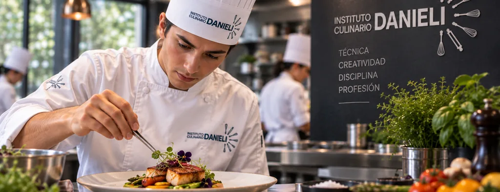 Alumno del Instituto Culinario Danieli presentando el plato terminado al final de una experiencia culinaria